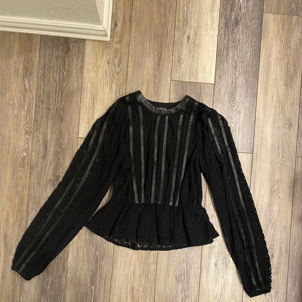 Express Faux Leather & Lace Long Sleeve Peplum Top XS